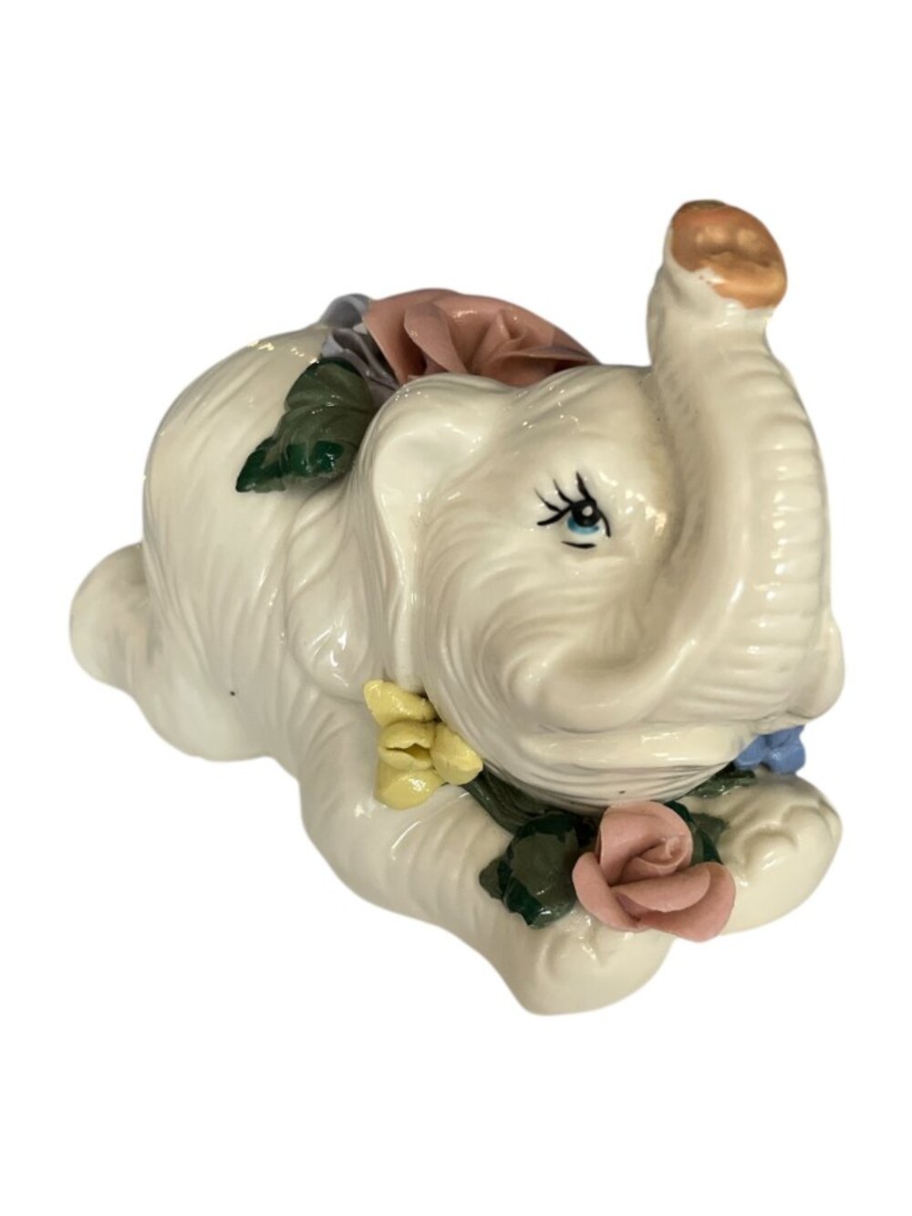 Vintage White Elephant Porcelain Figurine with Applied Roses Trunk Up Floral Acc